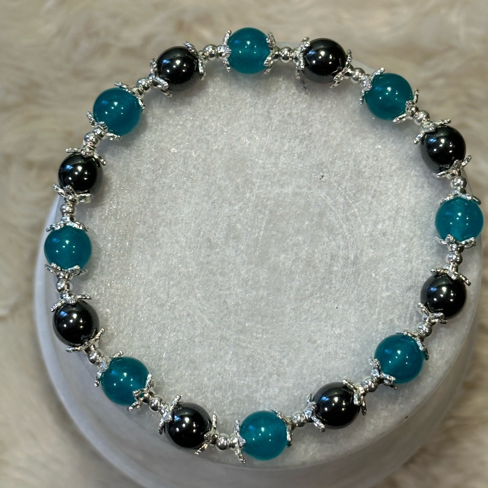 100% authentic Hematite and Teal Chalcedony handmade bracelet.See below for info